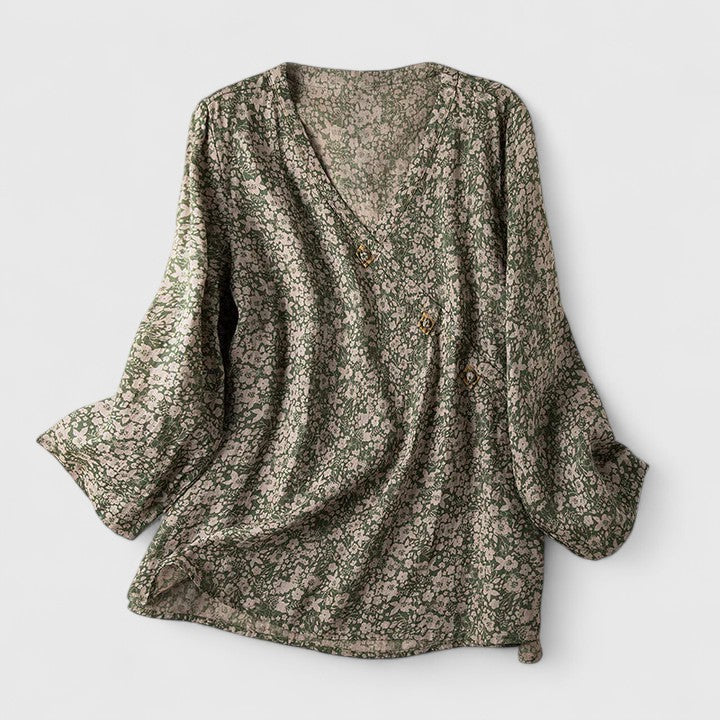 Effortless Floral Print Blouse for Women with V-Neck Long Sleeve Relaxed Casual Style