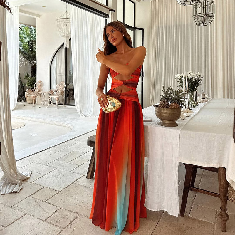 Elegant Multicolour Maxi Dress for Women with Strapless Casual Style