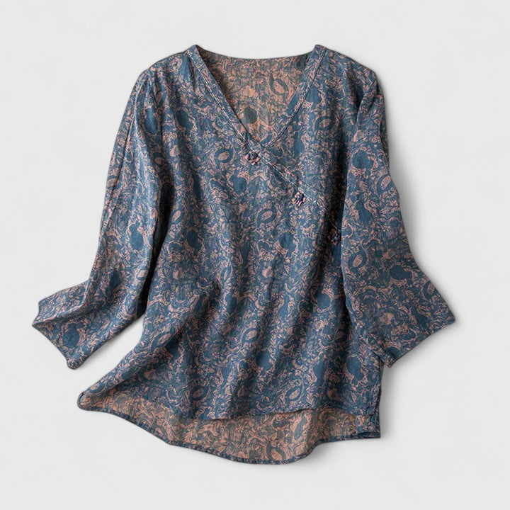 Effortless Floral Print Blouse for Women with V-Neck Long Sleeve Relaxed Casual Style
