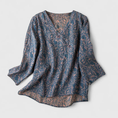 Effortless Floral Print Blouse for Women with V-Neck Long Sleeve Relaxed Casual Style