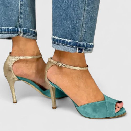 Comfortable Blue Heels for Women with Stiletto Ankle Strap Open Toe Style