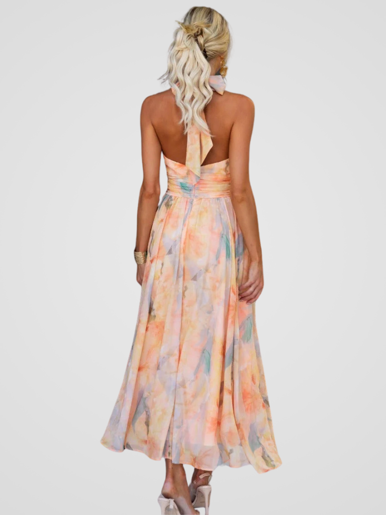Elegant Pink Floral Chiffon Midi Dress for Women with Halter Neck Backless Twist Front Formal Style