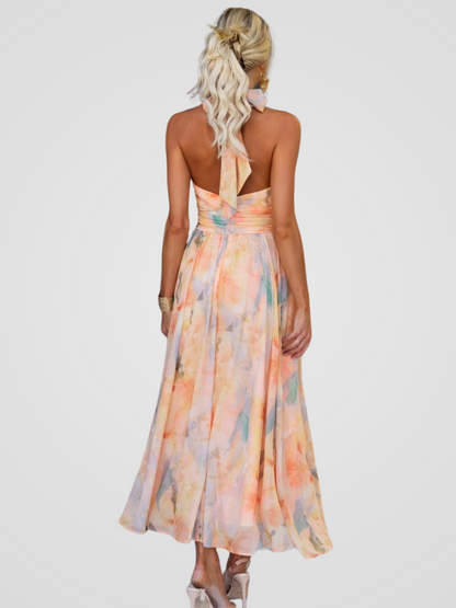 Elegant Pink Floral Chiffon Midi Dress for Women with Halter Neck Backless Twist Front Formal Style