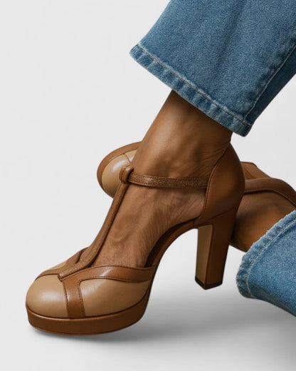 Comfortable Brown Heels for Women with T Strap Style