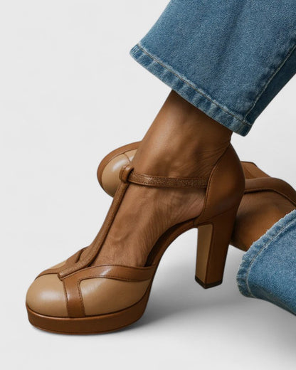 Comfortable Brown Heels for Women with T Strap Round Toe Style