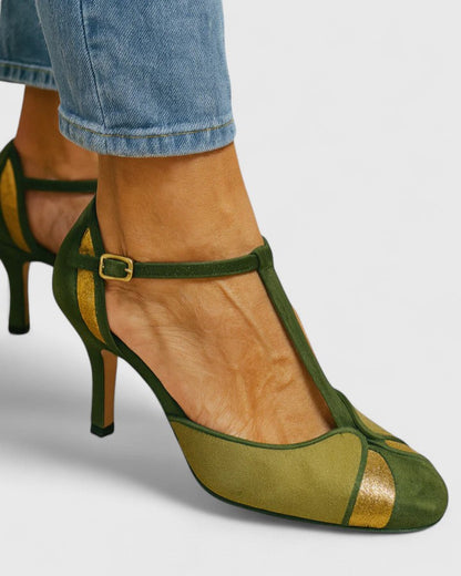 Comfortable Green Heels for Women with T Strap Ankle Style