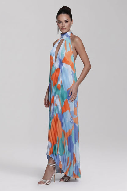 Effortless Floral Print Maxi Dresses for Women with Halter Neck Sleeveless Pleated Skirt Summer Style