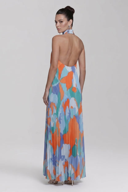 Effortless Floral Print Maxi Dresses for Women with Halter Neck Sleeveless Pleated Skirt Summer Style