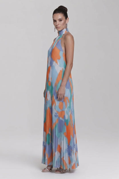 Effortless Floral Print Maxi Dresses for Women with Halter Neck Sleeveless Pleated Skirt Summer Style