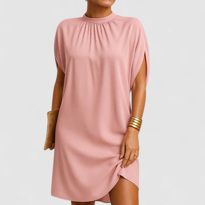 Effortless Gathered Mock Neck Casual Dresses for Women with Split Batwing Sleeve Relaxed Mini Style