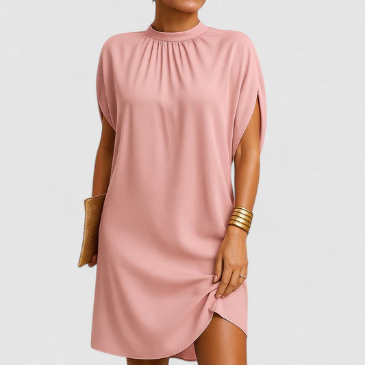 Effortless Gathered Mock Neck Casual Dresses for Women with Split Batwing Sleeve Relaxed Mini Style