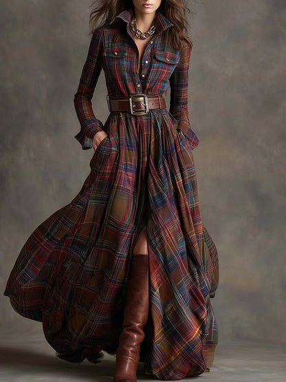 Effortless Plaid Shirt Dress Maxi Dresses for Women with Lapel Long Sleeve Belted Waist