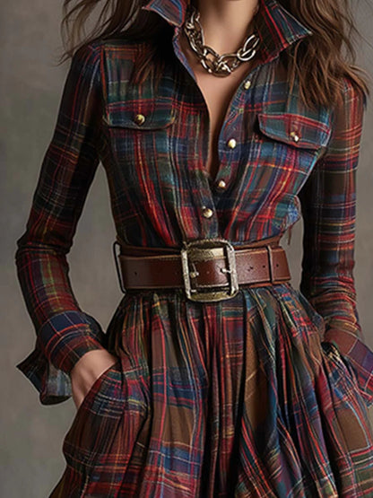 Effortless Plaid Shirt Dress Maxi Dresses for Women with Lapel Long Sleeve Belted Waist