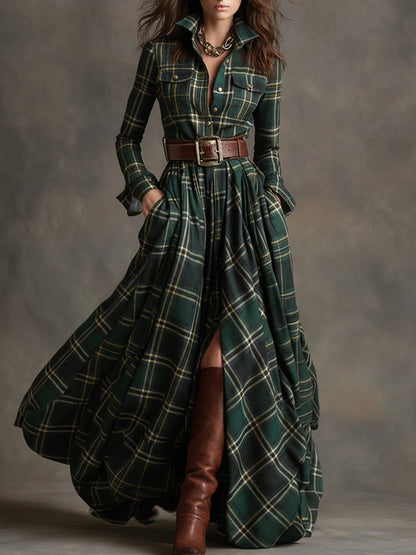 Effortless Plaid Shirt Dress Maxi Dresses for Women with Lapel Long Sleeve Belted Waist