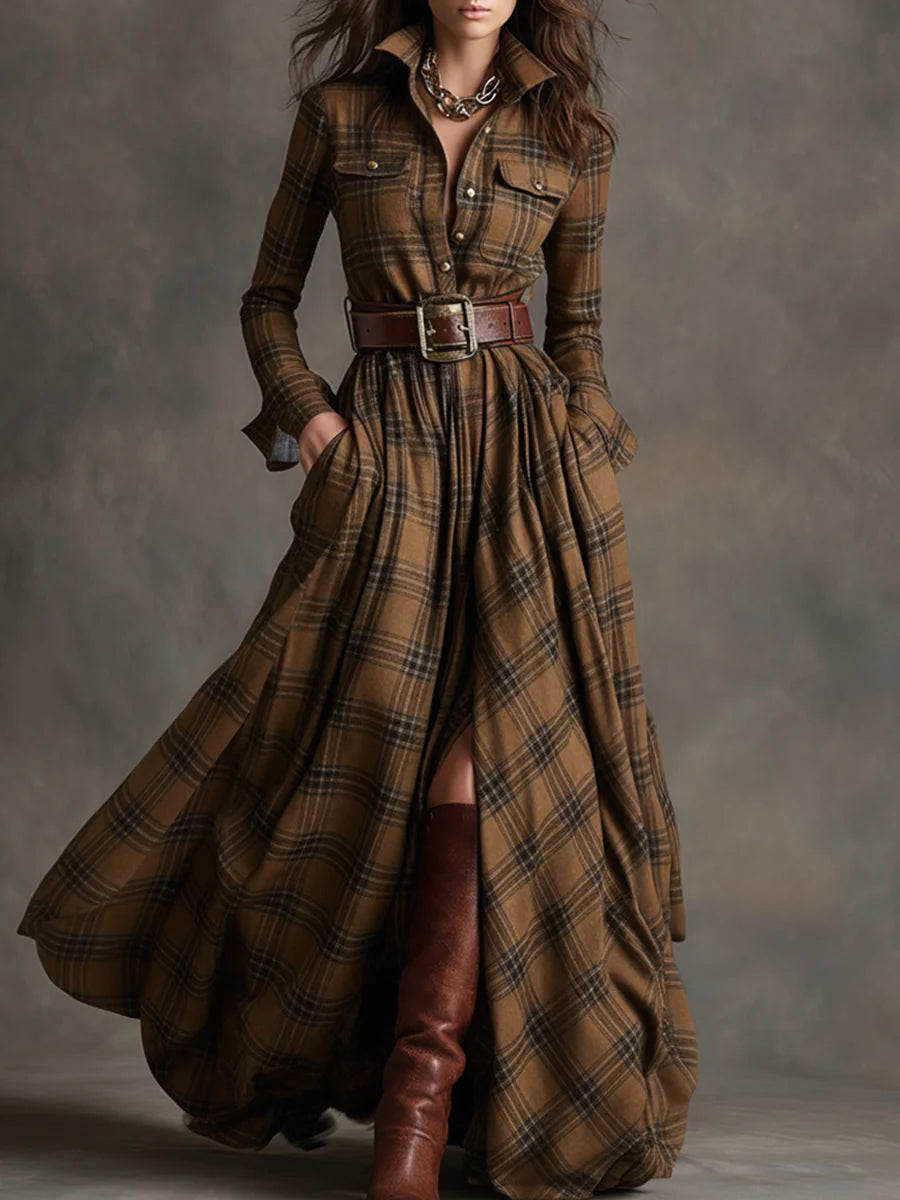 Effortless Plaid Shirt Dress Maxi Dresses for Women with Lapel Long Sleeve Belted Waist