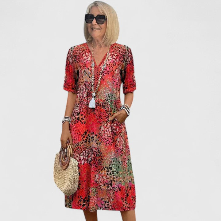 Effortless Abstract Print Maxi Dress for Women with Crochet V Neck Boho Casual Style