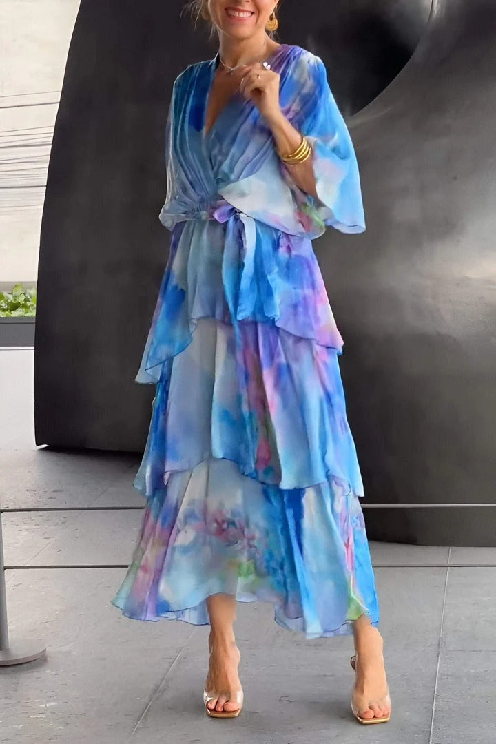 Elegant Blue Maxi Dress for Women with Wrap V-Neck Elbow Sleeve Chiffon Tie Waist Tiered Ruffle Formal Style