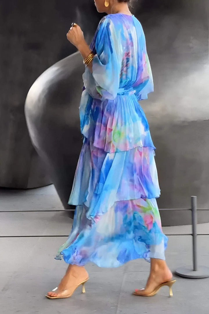 Elegant Blue Maxi Dress for Women with Wrap V-Neck Elbow Sleeve Chiffon Tie Waist Tiered Ruffle Formal Style
