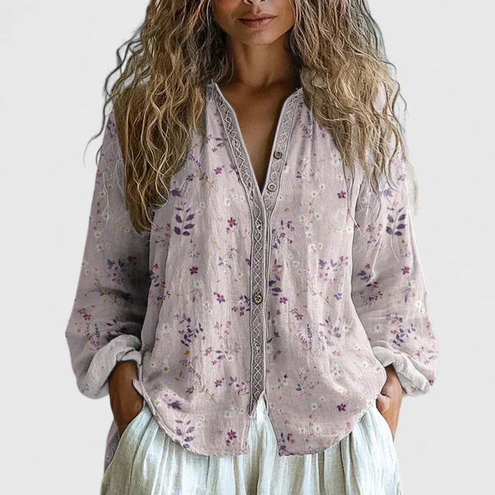 Effortless Dragonfly Print Blouse for Women with V-Neck Button Front Long Sleeve Relaxed Casual Style