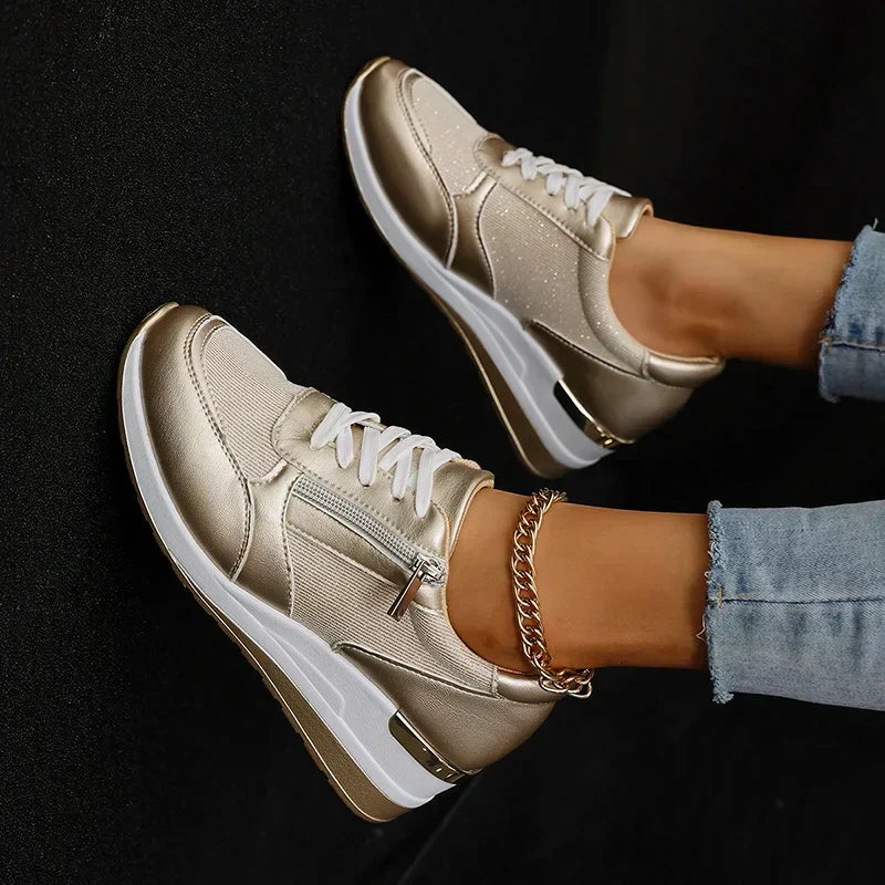 Elegant Orthopedic Platform Sneakers for Women with Metallic Upper Side Zip Lace Up Wedge Casual Style