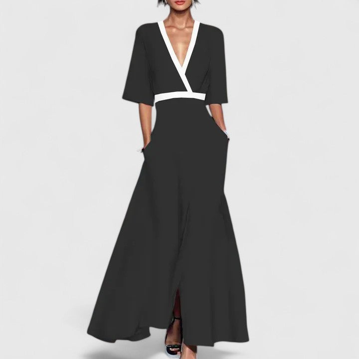 Elegant Floral Print Wrap Maxi Dress for Women with V-Neck Half Sleeve Contrast Trim
