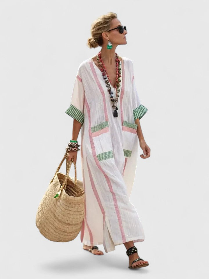 Effortless Linen Kaftan Maxi Dresses for Women with V Neck 3/4 Sleeve Striped Trim Oversized Resort Style