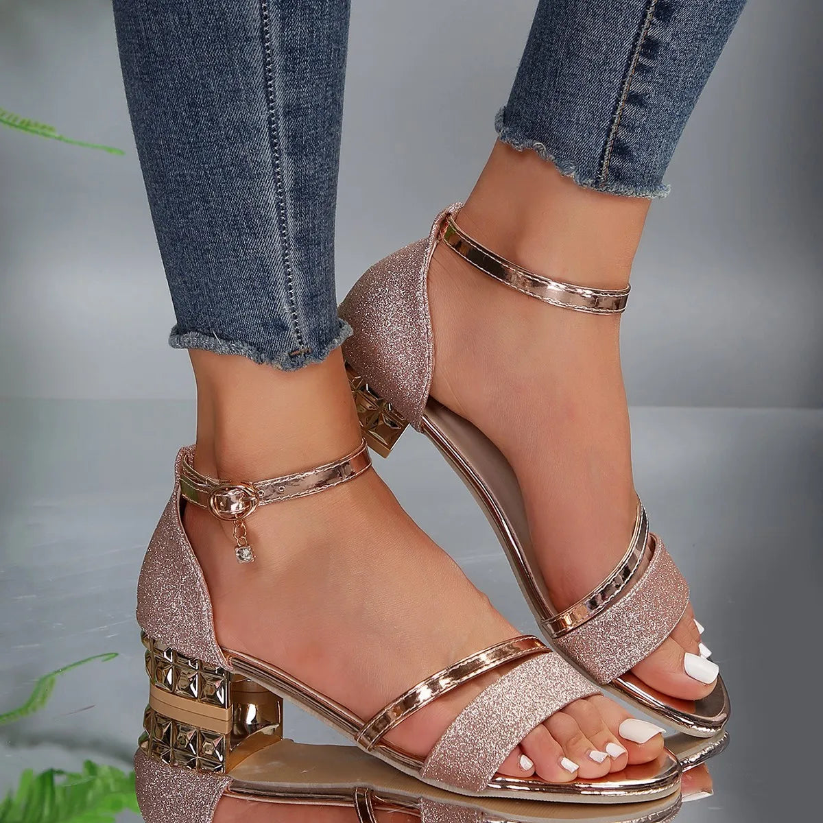 Elegant Orthopedic Sandals for Women with Block Heel Ankle Strap Gold Trim Comfortable Summer Style