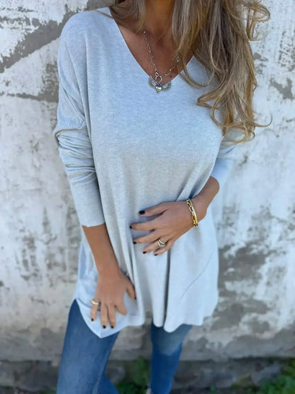 Comfortable Knit Tunic for Women with V-Neck Long Sleeve Oversized Side Slit Casual Style