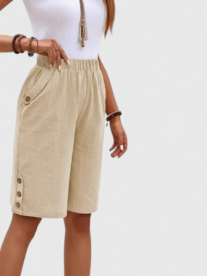 Effortless Linen Shorts for Women with High Waist Elastic Waistband Button Side Hem Casual Style