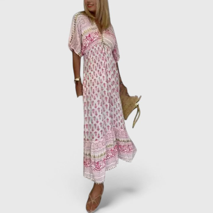 Effortless Block Print Maxi Dress for Women with V Neck Tassel Tie Flutter Sleeve Boho Style