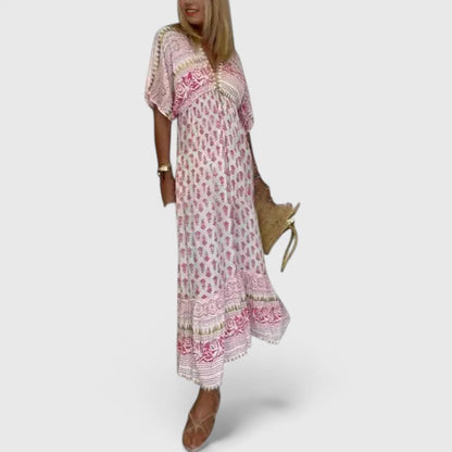 Effortless Block Print Maxi Dress for Women with V Neck Tassel Tie Flutter Sleeve Boho Style