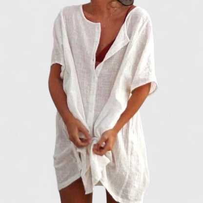 Effortless Linen Tunic for Women with V-Neck Short Sleeve Open Front Oversized Casual Style