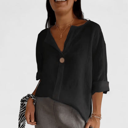 Effortless Linen Blouse for Women with V-Neck Single Button Elbow Sleeve Relaxed Casual Style