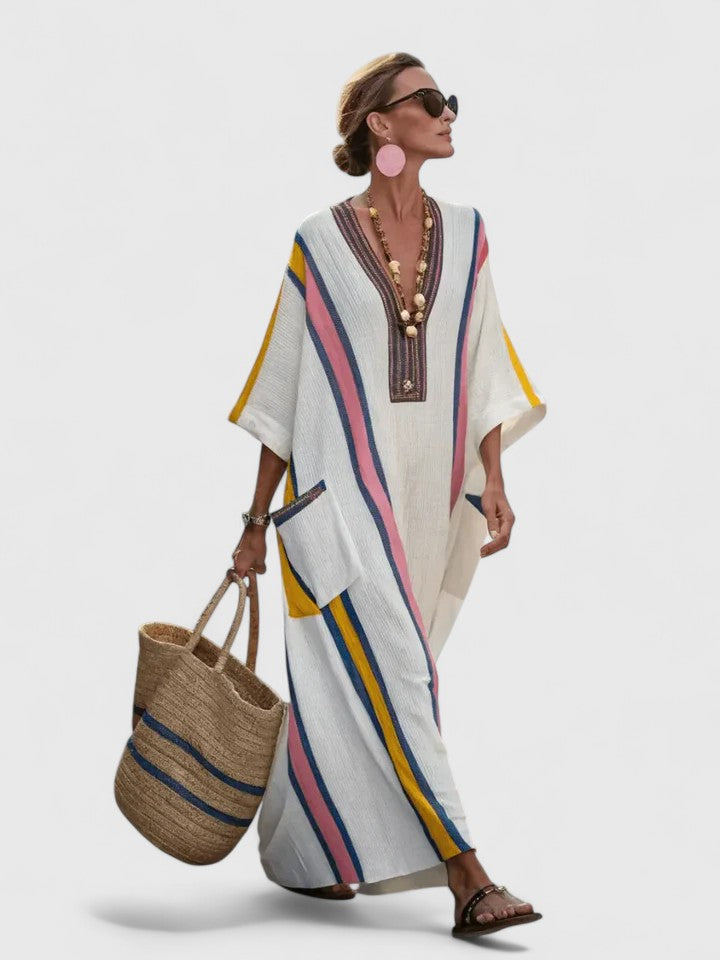 Effortless Linen Kaftan Maxi Dresses for Women with V Neck 3/4 Sleeve Striped Trim Oversized Resort Style