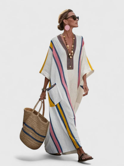 Effortless Linen Kaftan Maxi Dresses for Women with V Neck 3/4 Sleeve Striped Trim Oversized Resort Style
