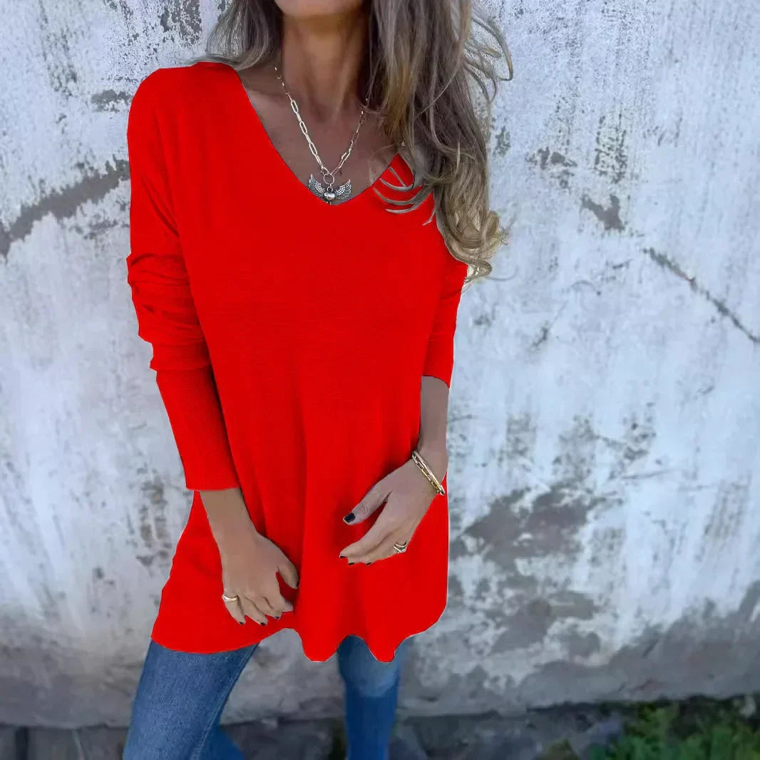 Comfortable Knit Tunic for Women with V-Neck Long Sleeve Oversized Side Slit Casual Style