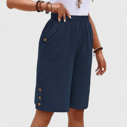 Effortless Linen Shorts for Women with High Waist Elastic Waistband Button Side Hem Casual Style