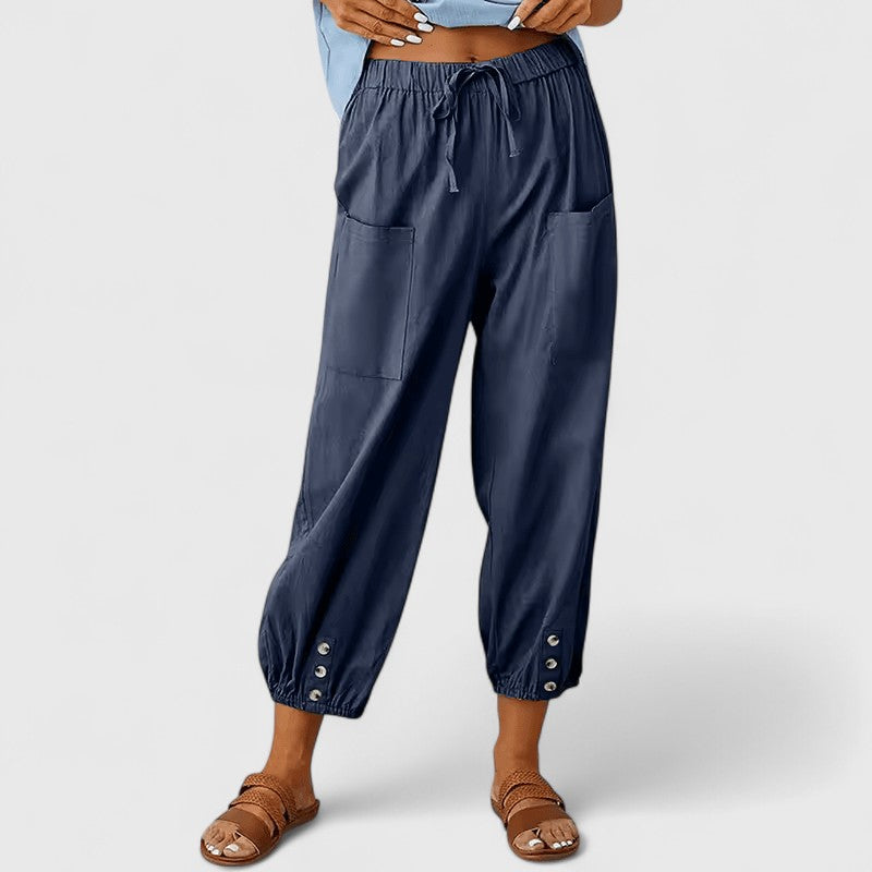 Effortless Linen Harem Pants for Women with Drawstring Waist Patch Pocket Tapered Ankle Casual Style