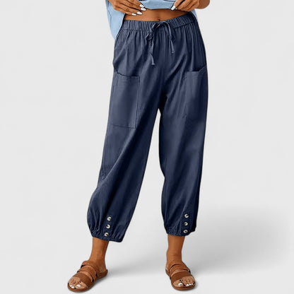 Effortless Linen Harem Pants for Women with Drawstring Waist Patch Pocket Tapered Ankle Casual Style