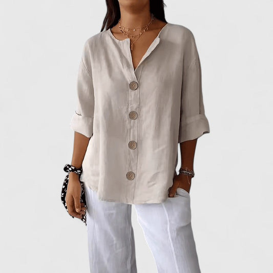 Effortless Linen Button Down Blouse for Women with V-Neck Elbow Sleeve Relaxed Casual Style