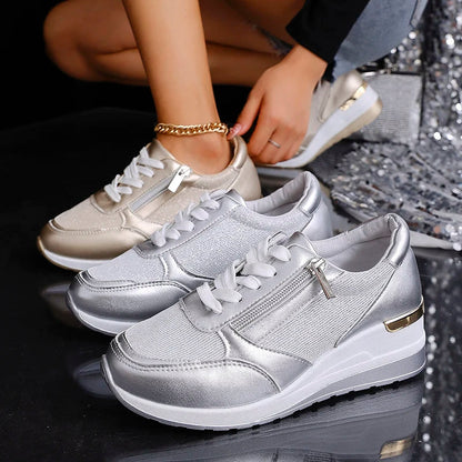 Elegant Orthopedic Platform Sneakers for Women with Metallic Upper Side Zip Lace Up Wedge Casual Style