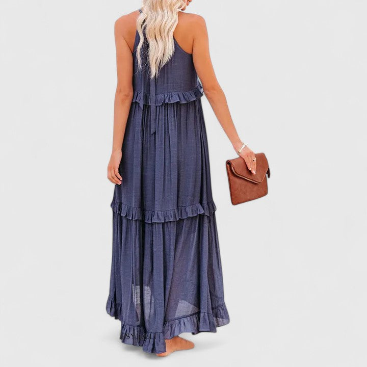 Effortless Ruffle Maxi Dresses for Women with Halter Neck Sleeveless Two Tone Casual Sundress Style