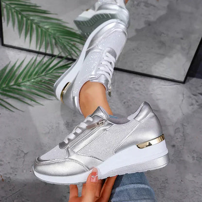 Elegant Orthopedic Platform Sneakers for Women with Metallic Upper Side Zip Lace Up Wedge Casual Style