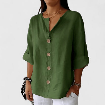Effortless Linen Button Down Blouse for Women with V-Neck Elbow Sleeve Relaxed Casual Style