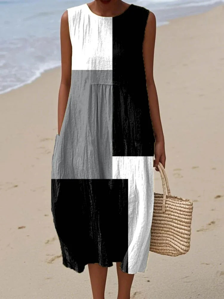 Elegant Geometric Midi Dress for Women with Sleeveless Casual Style