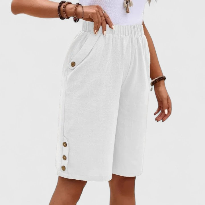 Effortless Linen Shorts for Women with High Waist Elastic Waistband Button Side Hem Casual Style