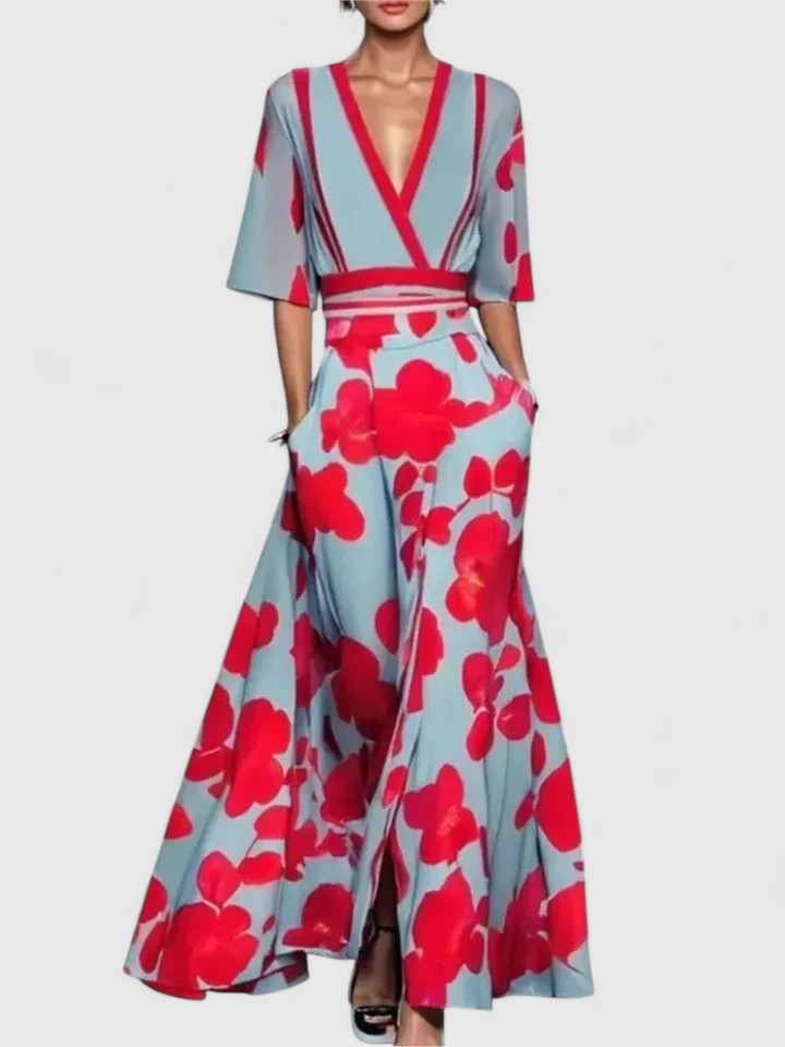 Elegant Floral Print Wrap Maxi Dress for Women with V-Neck Half Sleeve Contrast Trim