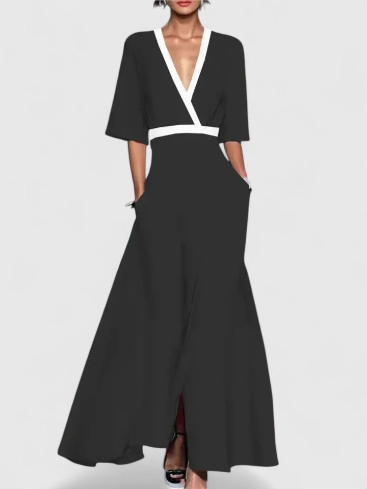 Elegant Floral Print Wrap Maxi Dress for Women with V-Neck Half Sleeve Contrast Trim