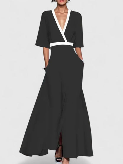 Elegant Floral Print Wrap Maxi Dress for Women with V-Neck Half Sleeve Contrast Trim