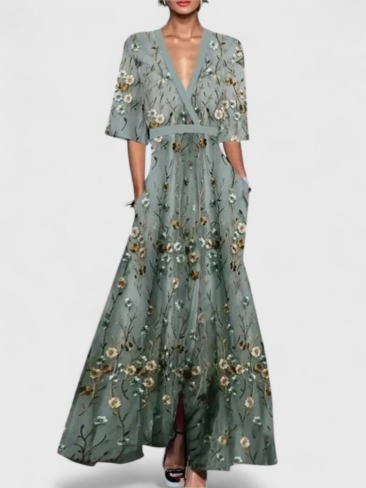 Elegant Floral Print Wrap Maxi Dress for Women with V-Neck Half Sleeve Contrast Trim